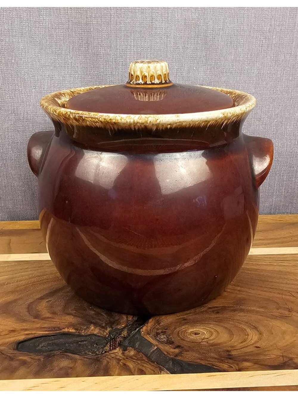 Hull Bean Pot Ceramic Brown Glazed With Lid Vintage 7 Inch